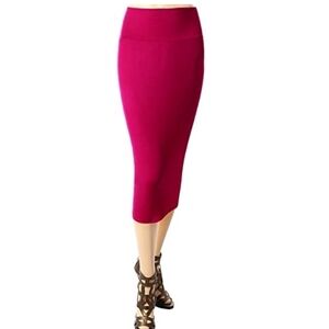 Elastic Waist Band Midi Skirt Fuchsia Medium